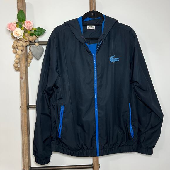 Lacoste Other - Lacoste Sport Mens Full Zip Navy Blue Hooded Windbreaker Jacket Size Small